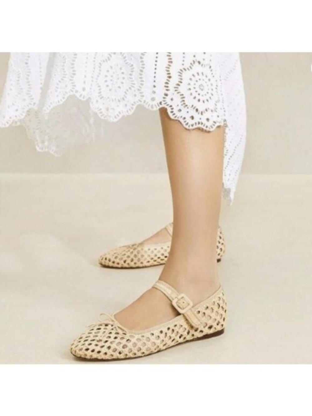 miss left Women Bowknot Ankle Strap Mary Jane Closed Round Toe Ballet Beige Shoe